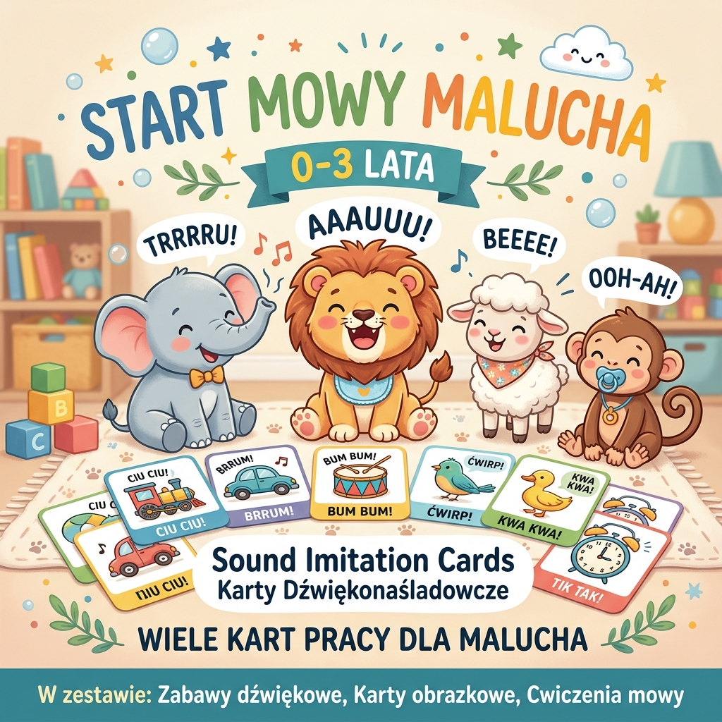 Start Mowy Malucha (0-3 lata) — Wyrażenia Dźwiękonaśladowcze (Karty Pracy PDF)
